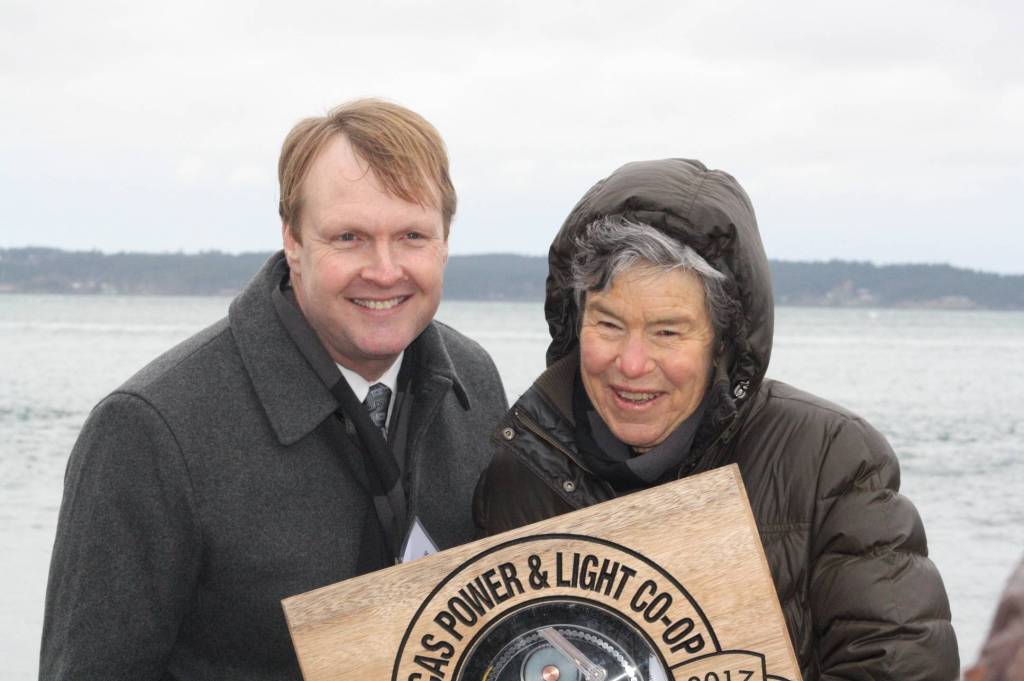 Hayley Day/ Staff photo                                Elliot Mainzer, administrator of Bonneville Power Association, and OPALCO Board Member Winnie Adams at the event.