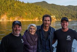 Contributed photo/Mayas Legacy Whale Watching                                From left to right, Mayas Legacy Whale Watching Owner Jeff Friedman, Matthew McConaugheys mom, Matthew McConaughey, and Mayas Legacy Whale Watching Owner Spencer Domico.