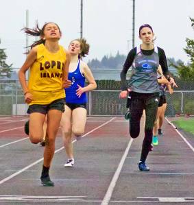Contributed photo/Gene Helfman                                Leah Armstrong finishes ahead of the field in the 800-meter run at the Mount Vernon Christian track meet April 18<sup></sup>. Armstrongs time of 2:37.89 is the fourth fastest in the league this year.