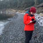 Volunteer on a beach during a snowy day. (Friends of the San Juans)
