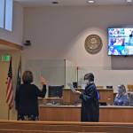 Tate Thomson/Staff photo
On Dec. 29, Christine Minney and Cindy Wolf were sworn into office by San Juan County Superior Court Judge Katheryn Loring.
