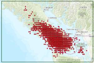 Pacific Northwest Seismic Networks shake map screenshot from the afternoon of Feb. 8.