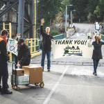 Photo by Andrea Huss
On Tuesday, Oct. 19 islanders turned out for A Wave of Gratitude to show the systems beleaguered workers some love. Pictured at left are Lopezians. On Orcas, Lance Evans participated by giving cookies and cards to the landing ferry staff.