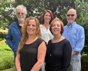 Colleen Smith/staff photo
Back row: Jim Connell of Recovery in Community, Megan Neal of Recovery Rides and Anthony Terndrup, Compass Health Outpatient Program Manager for San Juan County. Front row: Claire Nollman of the Orcas Community Resource Center and Janine Heimerich of Recovery in Community.