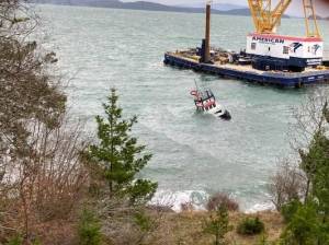 Contributed photo.
A 45 tug boat carrying approximately 400 gallons of diesel fuel partially sank off the Lopez ferry terminal Wednesday morning.