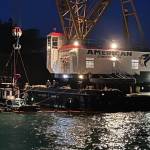 Contributed photo.
The partially submerged Tugboat Tulalip is prepared for lifting from the waters near the Lopez ferry terminal Wednesday night.