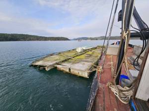 Crane and barge remove derelict floats from Blind Bay on Shaw Island