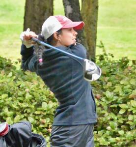 Contributed photo
Melissa Valencia drives off the sixth tee at the Lopez Golf Course in a match against La Conner. Valencia took top honors at the recent District 1 Golf Championship.