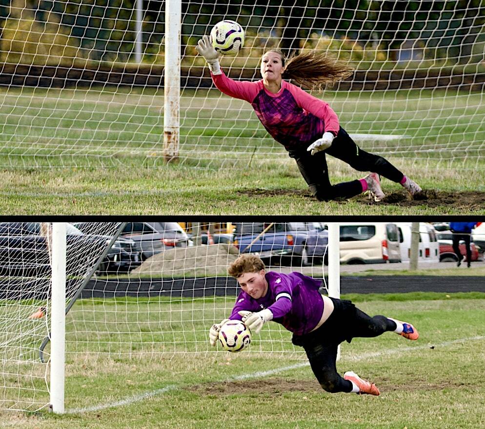 Gene Helfman photo.
Lopez keepers Naima Garcia (top) and Huck Henderson make crucial saves in their respective games against Mount Vernon Christian and Coupeville, Oct. 28. The Lady Lobos won in overtime, 5-3, the men 4-0.