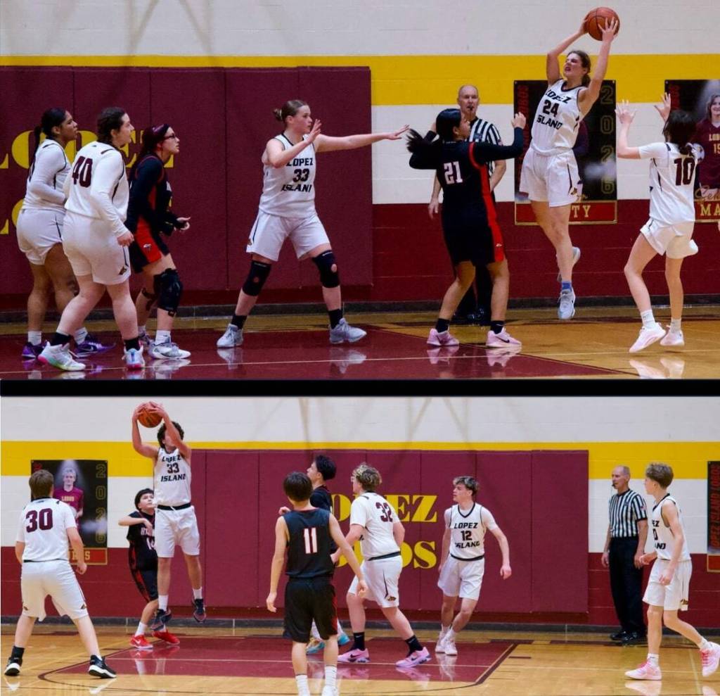 Gene Helfman photos.
Top: Kylie Willemsen brings down a rebound while (left to right) Evelyn Aguilar-Clavel, Betty Burt (40), Dani Arnott (33) and Elle Patrick (10) ready to move the ball down the court. Bottom: Nathan Kinney grabs a rebound, while Jack Leyde (30), Kayden Sarazin (32), Benji Stephenson (12) and Ian Cankusic (10) look on.