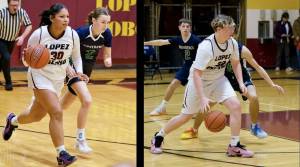 Gene Helfman photo.
Lopez seniors Evelyn Aguilar Clavel (30) and Kayden Sarazin (32) drive against Providence in the home games, Jan. 9. The Lady Lobos managed a close 32-29 win, while the men fell 35-29.