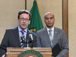Cassie Diamond photo.
Gov. Bob Ferguson answers a question during a joint press conference with Attorney General Nick Brown on Jan. 26.