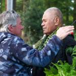 Darrell Kirk photo.
Matt Wickey with Leonard Kimokeo Kapahulehua in Olga during the Gathering of the Eagles canoe voyage in 2025.