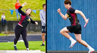 Gene Helfman photos.
Lobos seniors Betty Burt (left) and Benjamin Stephenson compete in the shot put and 4x100 meter relay, respectively. Burt placed first overall in both shotput and discus, posting a personal best in the discus. Stephenson achieved a personal best in the 100-meter dash and helped carry the mens 4x100-meter relay to a third-place finish in an eight-school field.