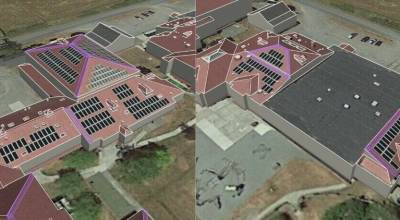 Western Solar photo.
Planned solar panels on secondary (left) and primary (right) schools on the Lopez Island School campus.